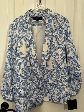 Marc New York (Andrew Marc) Women's Blue and White Paisley Damask Open-Front Bla